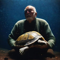 A raw photograph of a turtle man who has a shell decorated with numerous glowing barnacles