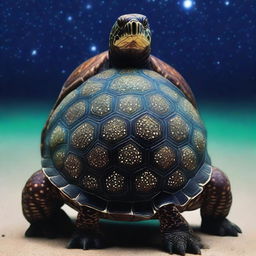 A raw photograph of a turtle man who has a shell decorated with numerous glowing barnacles