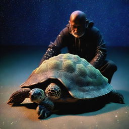 A raw photograph of a turtle man who has a shell decorated with numerous glowing barnacles