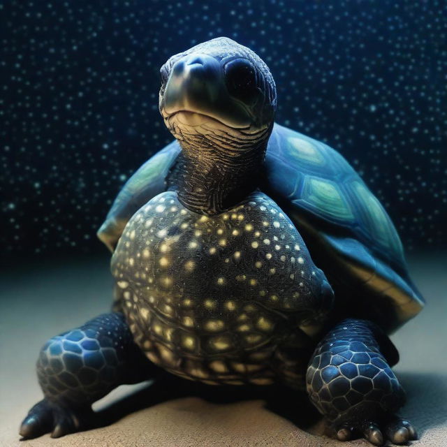 A raw photograph of a turtle man who has a shell decorated with numerous glowing barnacles