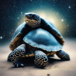 A realistic photo of a turtle man with a shell covered in textured barnacles that glow like stars