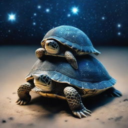 A realistic photo of a turtle man with a shell covered in textured barnacles that glow like stars