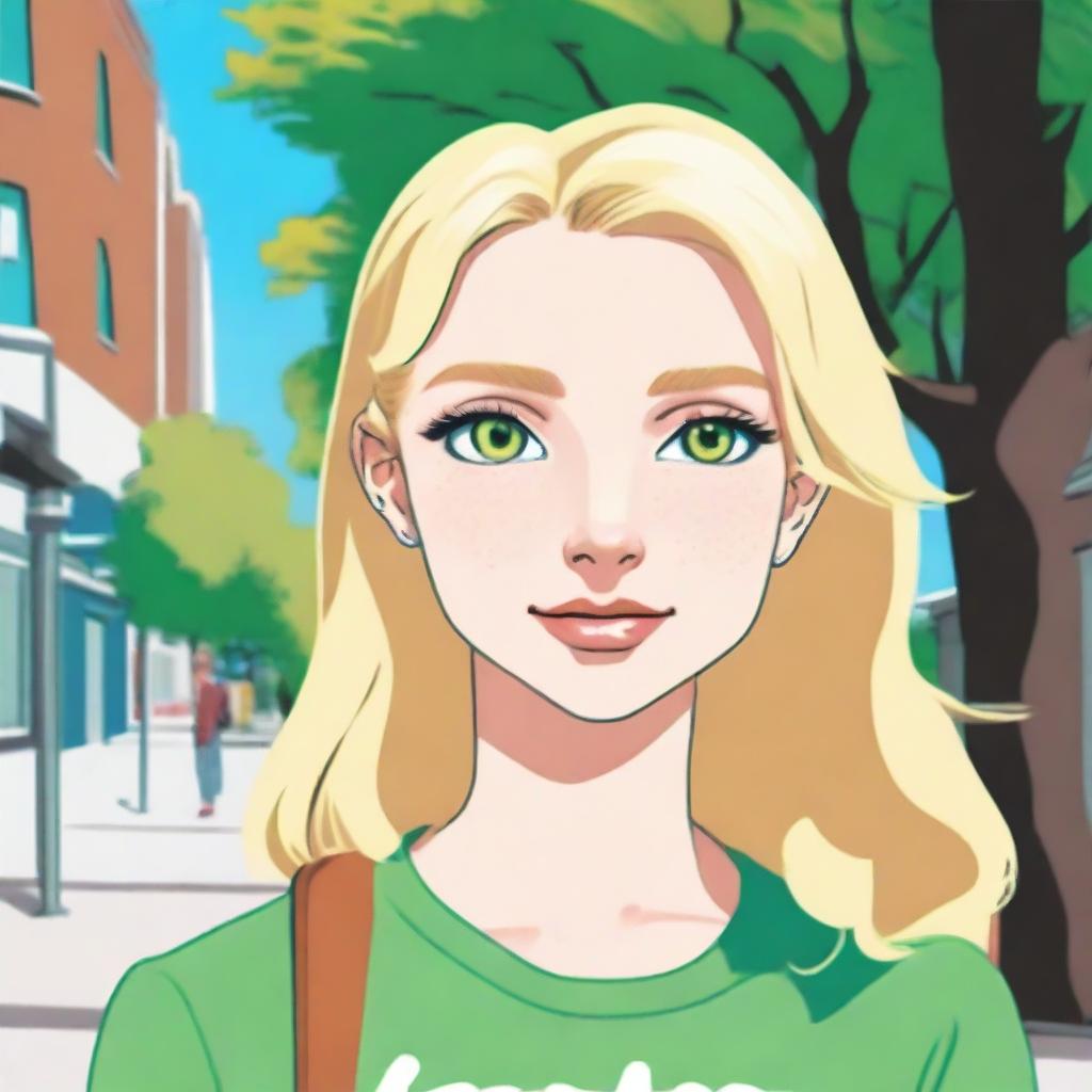 A blonde girl with green eyes standing on a sidewalk