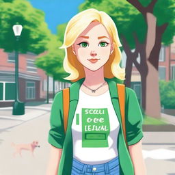 A blonde girl with green eyes standing on a sidewalk