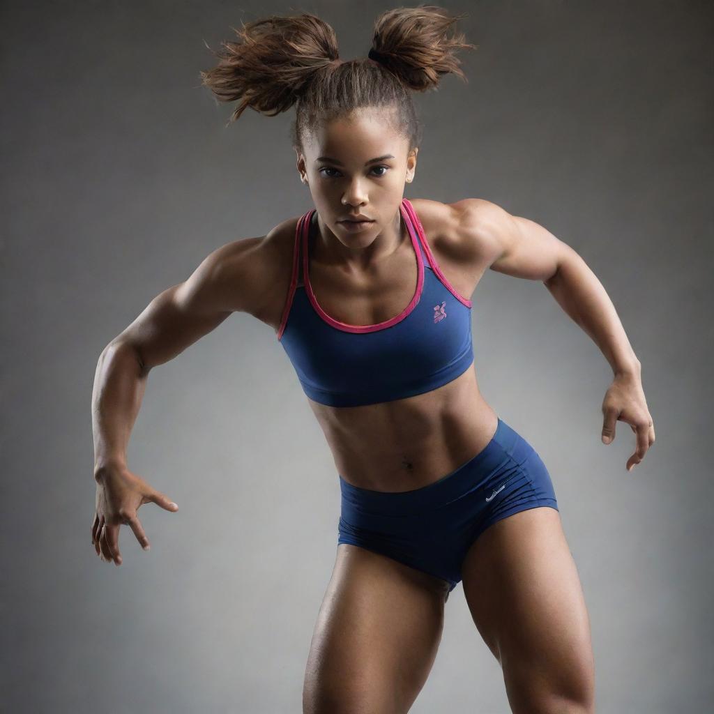 An artistic portrayal of a young girl who embodies athleticism. She exudes strength and determination, her physique is toned and fit, embodying the essence of an athlete.