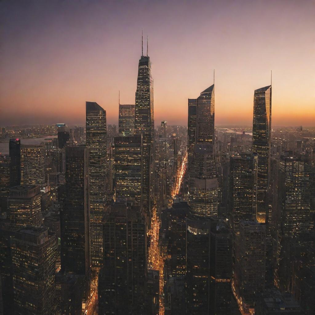 Sunset over a bustling cityscape, with skyscrapers piercing the warmth of the golden hour and the city lights beginning to twinkle.