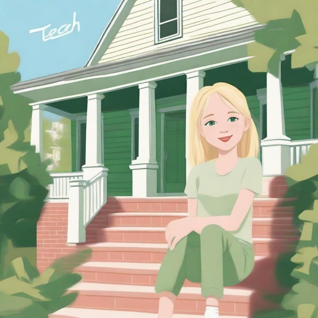 A girl with blonde hair and green eyes sitting on her porch on the steps in her neighborhood