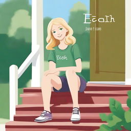 A girl with blonde hair and green eyes sitting on her porch on the steps in her neighborhood