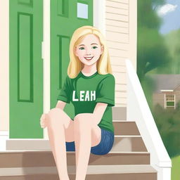 A girl with blonde hair and green eyes sitting on her porch on the steps in her neighborhood