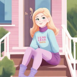 A girl with blonde hair and green eyes wearing a pink turtleneck, a light blue skirt, and purple leggings sitting on her porch on the steps in her neighborhood