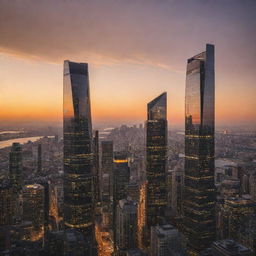 Sunset over a bustling cityscape, with skyscrapers piercing the warmth of the golden hour and the city lights beginning to twinkle.