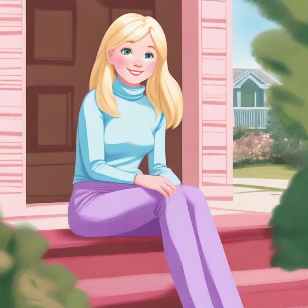 A girl with blonde hair and green eyes wearing a pink turtleneck, a light blue skirt, and purple leggings sitting on her porch on the steps in her neighborhood