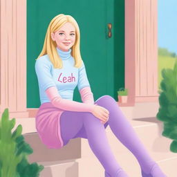 A girl with blonde hair and green eyes wearing a pink turtleneck, a light blue skirt, and purple leggings sitting on her porch on the steps in her neighborhood