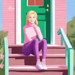 A girl with blonde hair and green eyes wearing a pink turtleneck, a light blue skirt, and purple leggings sitting on her porch on the steps in her neighborhood