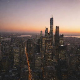 Sunset over a bustling cityscape, with skyscrapers piercing the warmth of the golden hour and the city lights beginning to twinkle.