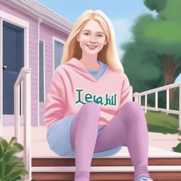 A girl with blonde hair and green eyes wearing a pink sweatshirt, a light blue skirt, and purple leggings sitting on her porch on the steps in her neighborhood