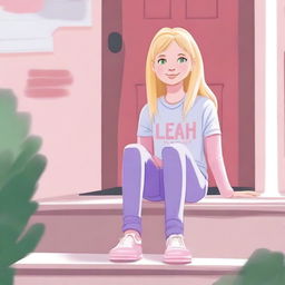 A girl with blonde hair and green eyes wearing a pink sweatshirt, a light blue skirt, and purple leggings sitting on her porch on the steps in her neighborhood