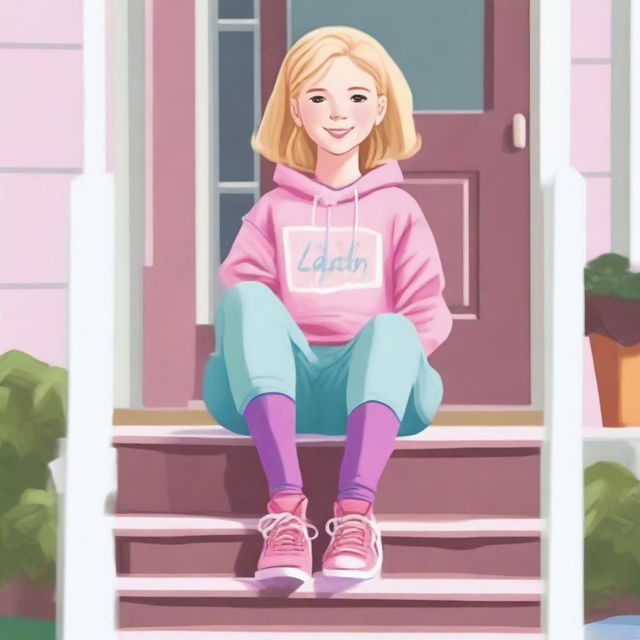 A girl with blonde hair and green eyes wearing a pink sweatshirt, a light blue skirt, and purple leggings sitting on her porch on the steps in her neighborhood