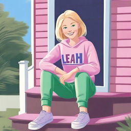 A girl with blonde hair and green eyes wearing a pink sweatshirt, a light blue skirt, and purple leggings sitting on her porch on the steps in her neighborhood