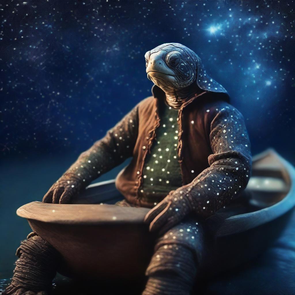 A photo of a mystical turtle man who is a druid and also the captain of an old boat