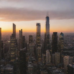 Sunset over a bustling cityscape, with skyscrapers piercing the warmth of the golden hour and the city lights beginning to twinkle.