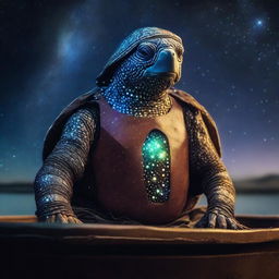 A photo of a mystical turtle man who is a druid and also the captain of an old boat