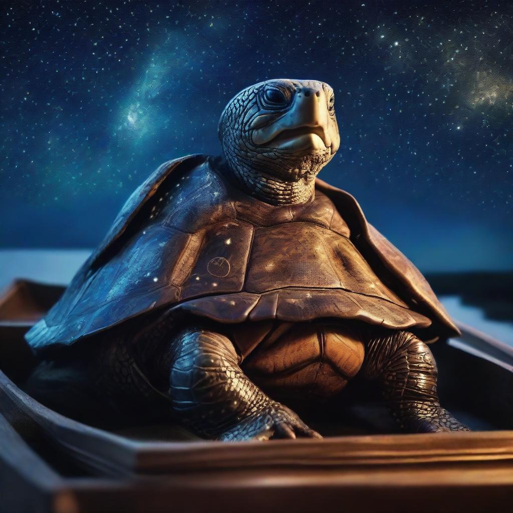 A photo of a mystical turtle man who is a druid and also the captain of an old boat