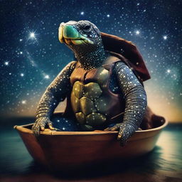 A photo of a mystical turtle man who is a druid and also the captain of an old boat