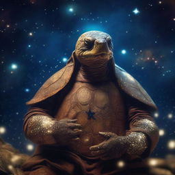 A photo of a mystical turtle man who is a druid and also the captain of an old wooden ship