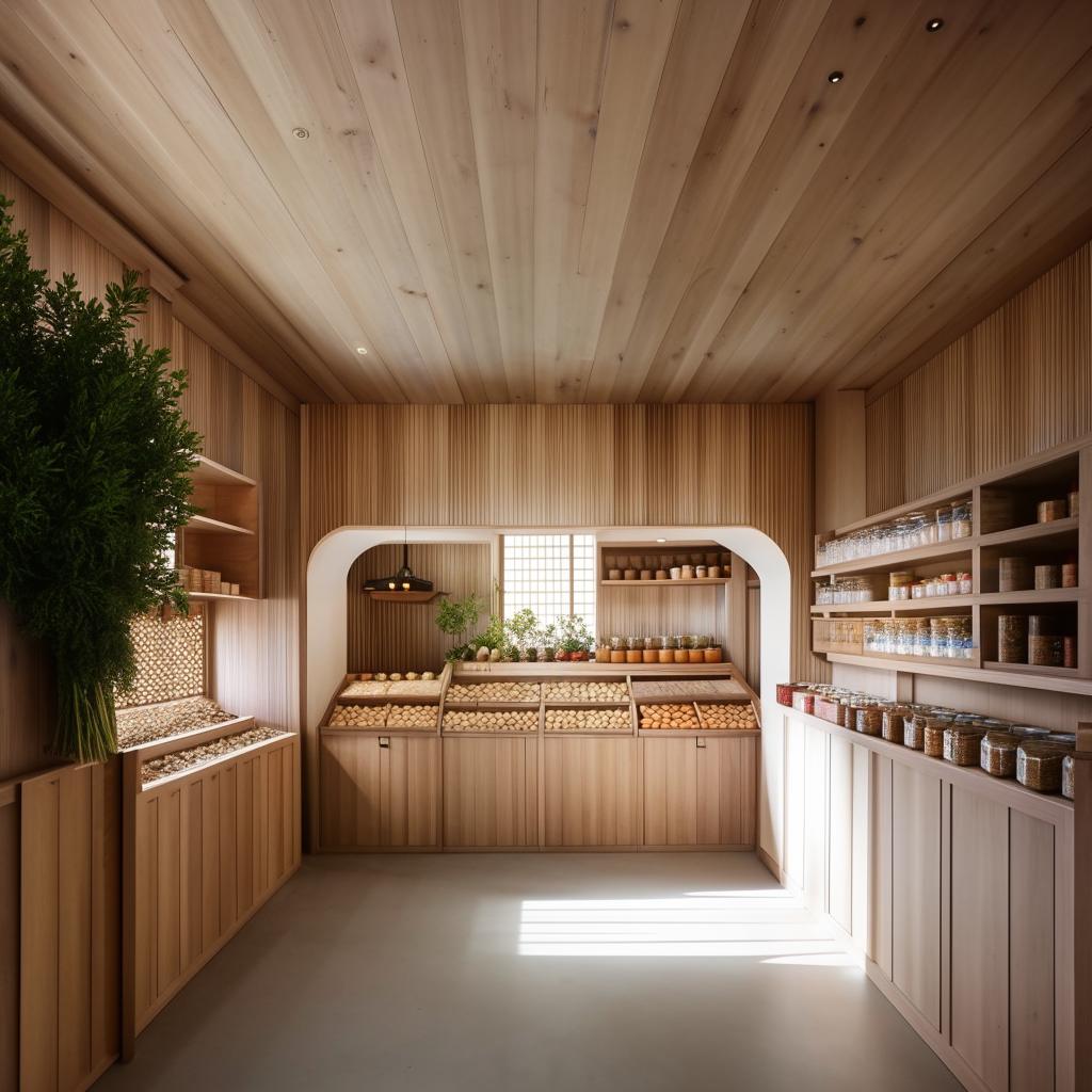 A 7m long, 2.5m wide herb and nut shop with a woody design. There's a peanut butter-making machine, wooden jars, and herbs stored in a closet divided into boxes.