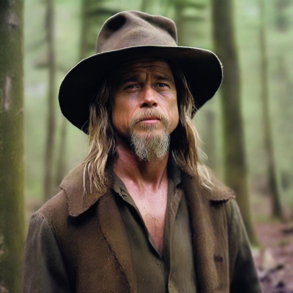 Brad Pitt transformed into a very dirty and disheveled old wizard with a beard