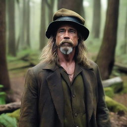 Brad Pitt transformed into a very dirty and disheveled old wizard with a beard