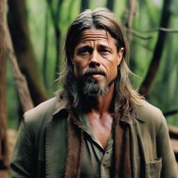 Brad Pitt transformed into a very dirty and disheveled old wizard with a beard