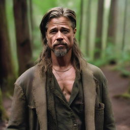 Brad Pitt transformed into a very dirty and disheveled old wizard with a beard