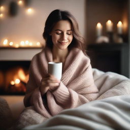 A cozy girl sitting comfortably in a warm, inviting room