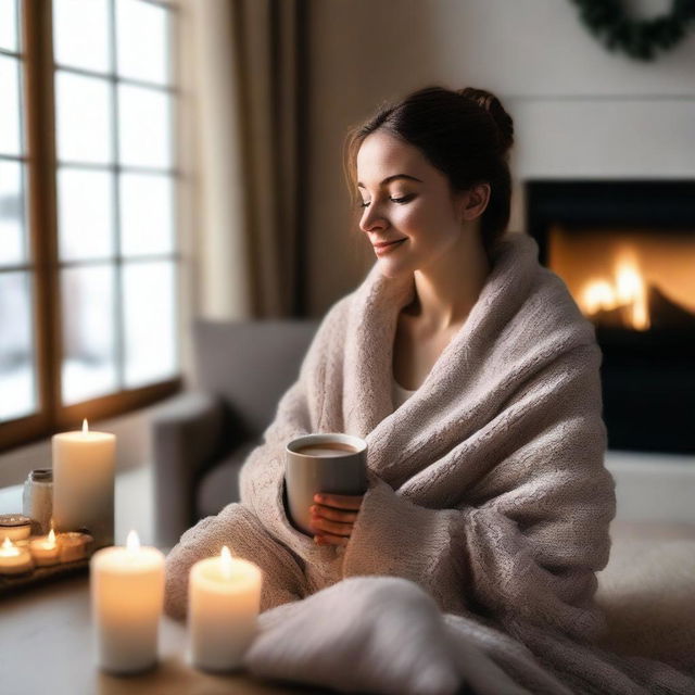 A cozy girl sitting comfortably in a warm, inviting room