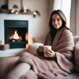 A cozy girl sitting comfortably in a warm, inviting room