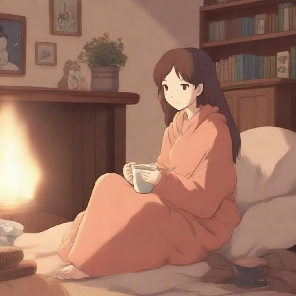 An anime-style cozy girl sitting comfortably in a warm, inviting room