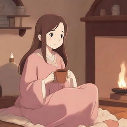 An anime-style cozy girl sitting comfortably in a warm, inviting room