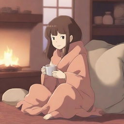 An anime-style cozy girl sitting comfortably in a warm, inviting room