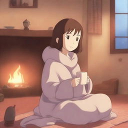 An anime-style cozy girl sitting comfortably in a warm, inviting room