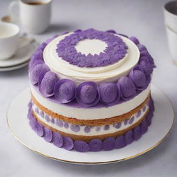 A delicious two-layer cake adorned with intricate purple decorations, beautifully arranged on a pristine white plate.