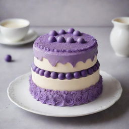 A delicious two-layer cake adorned with intricate purple decorations, beautifully arranged on a pristine white plate.