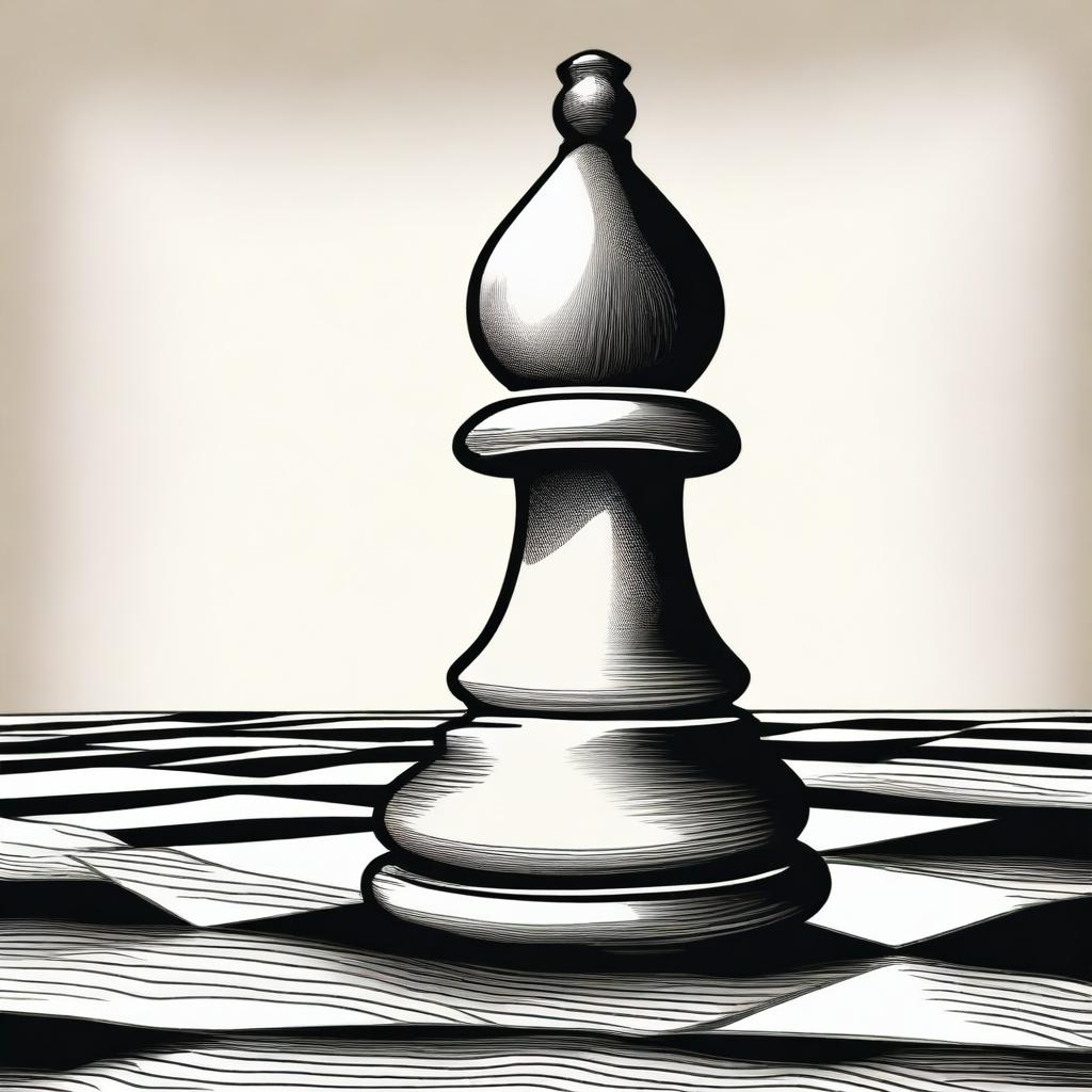 A stylized pencil art drawing of a chess pawn on a chess board with no background