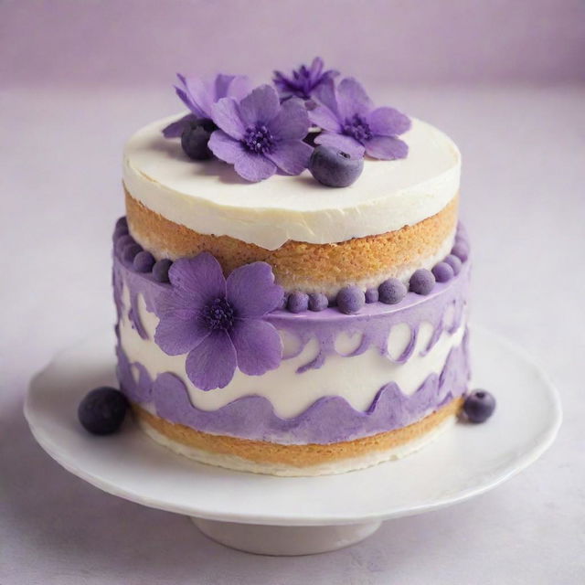 A delicious two-layer cake adorned with intricate purple decorations, beautifully arranged on a pristine white plate.