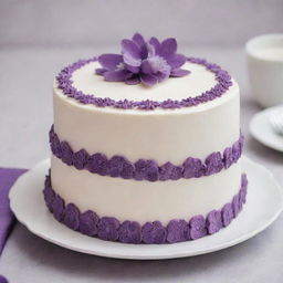 A delicious two-layer cake adorned with intricate purple decorations, beautifully arranged on a pristine white plate.