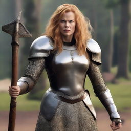 Nicole Kidman transformed into a short, fat dwarf carrying a large axe