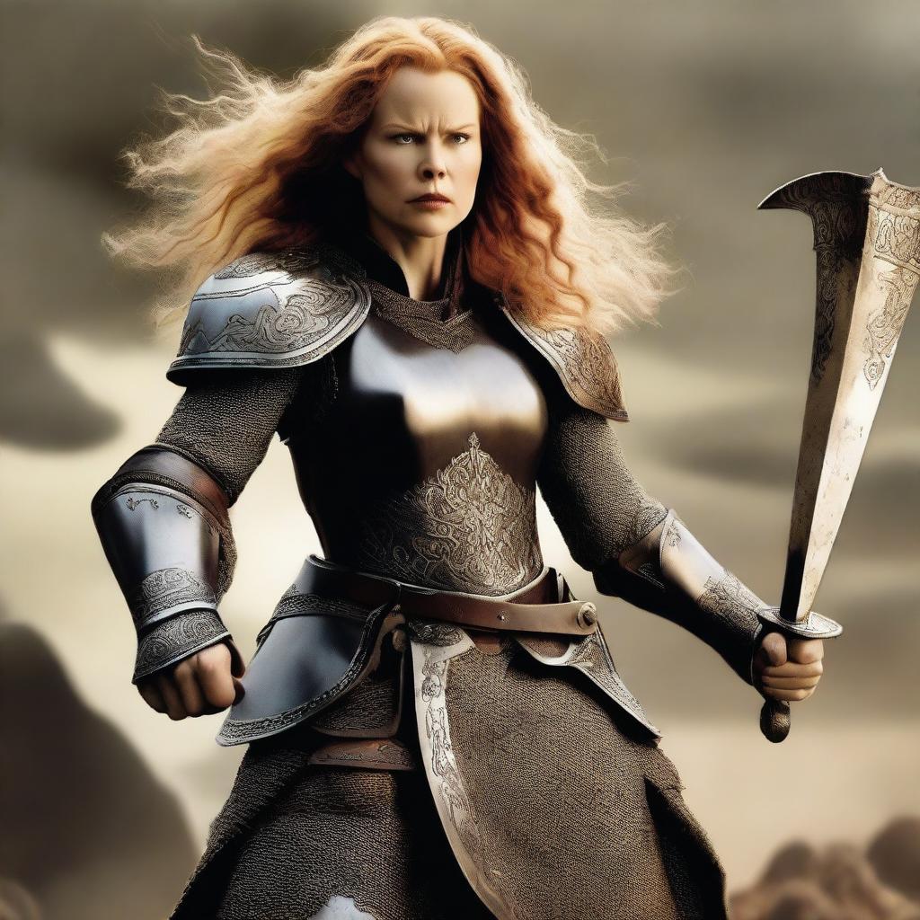 Nicole Kidman transformed into a short, fat dwarf carrying a large axe