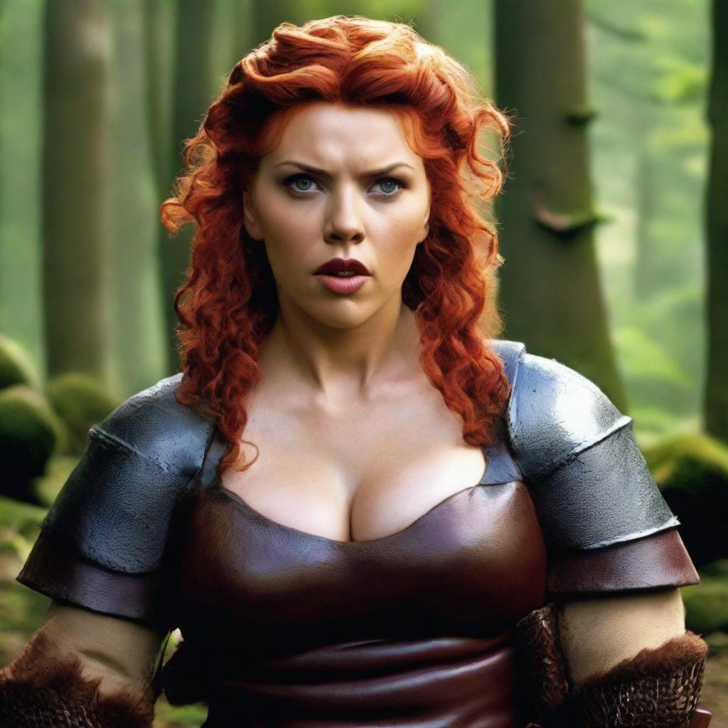 Scarlett Johansson transformed into a fat, very short dwarf with a manly body and messy, wild, curly bright red hair