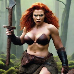 Scarlett Johansson transformed into a fat, very short dwarf with a manly body and messy, wild, curly bright red hair